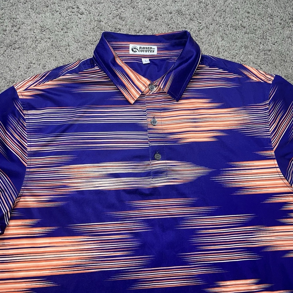 Raised By Coyotes Polo Shirt Mens‎ Large Purple Striped Short Sleeve Performance